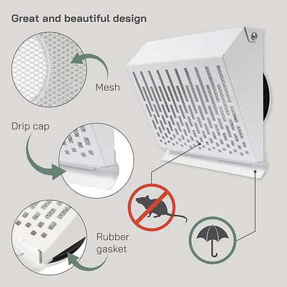 Vent Systems 4" Inch Exhaust Vent Cover with Rubber Gasket - White Galvanized Steel - Robust and Weatherproof Outdoor Air Exhaust Box - Duct or Surface Mounting - Rain and Snow Protection