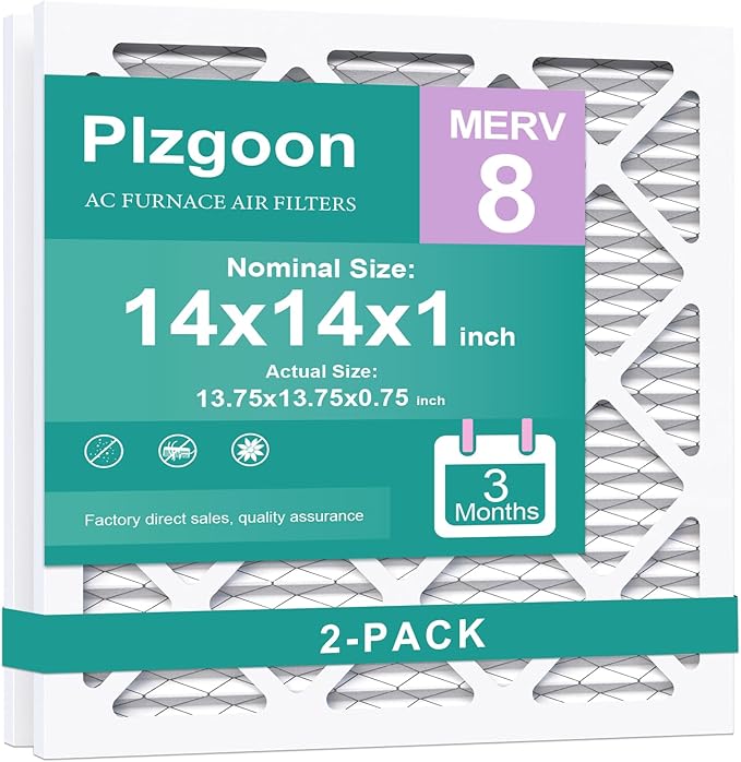 14x14x1 Air Filter MERV 8 (2 Pack) MPR 600 Pleated Air Furnace Filters Replacement Compatible with Air Conditioner HVAC AC Furnace (Exact Dimensions: 13 3/4x13 3/4x3/4 Inches)