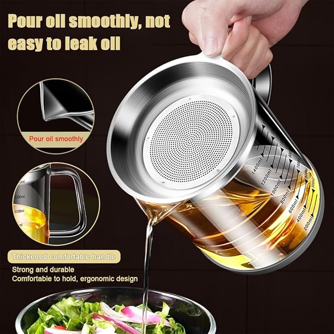 1.5L/50oz Glass Bacon Grease Container with Strainer, Cooking Oil Storage Can with Fine Mesh Filter and Scale, Lid and Easy-Grip Handle,Fat Separator for Storing Fats, Frying Oil and Cooking Grease