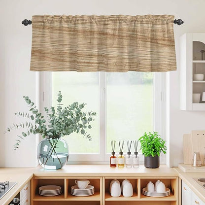 Kitchen Curtains Tiers and Valance Set of 3, Country Farmhouse Light Filtering Window Curtain Set, Vintage Brown Wooden Grain Rod Pocket Curtain Drapes for Cafe, Living Room, 36 Inches Tiers