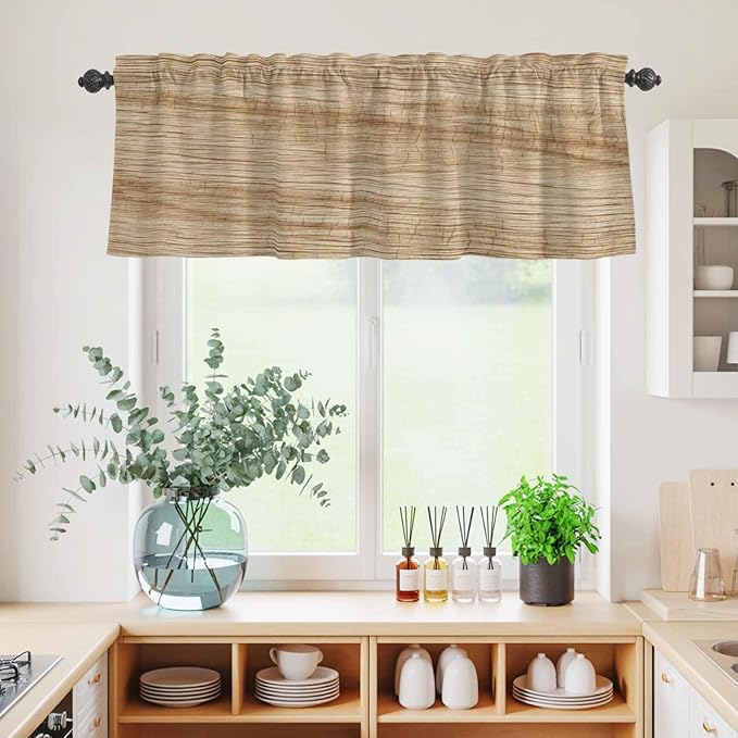 Kitchen Curtains Tiers and Valance Set of 3, Country Farmhouse Light Filtering Window Curtain Set, Vintage Brown Wooden Grain Rod Pocket Curtain Drapes for Cafe, Living Room, 24 Inches Tiers
