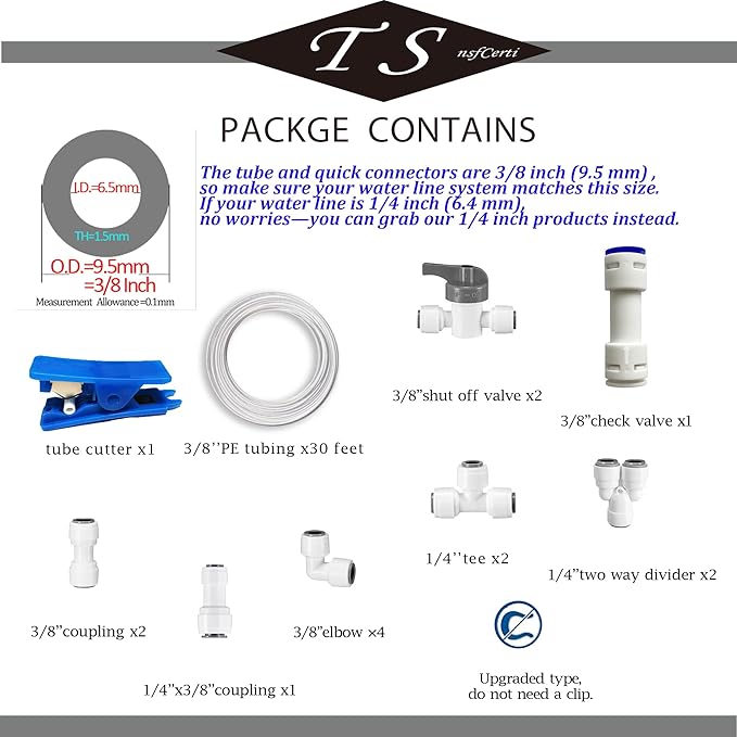 NSF 3/8" inch Water Line Tubing and Push to Connect Fittings for Reverse Osmosis Water Filter RO fittings,15 pcs connetors+30 feet 3/8" O.D. (9.5mm) water tubing.