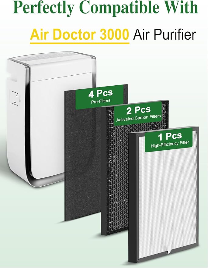 3000 Replacement Filter Compatible with Air Doctor 3000 Air Purifier, 1 Premium Filter + 2 Activated Carbon Filters + 4 Pre-Filters,Incompatible with AD3500