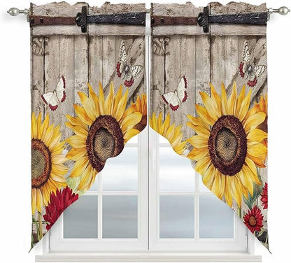 Sunflowers Swag Valances for Windows, Retro Flower Barn Doors Butterfly Farmhouse Brown Rod Pocket Kitchen Curtains Valance, Kitchen Window Curtains Swag for Cafe Living Room, 2 Panels, 36x45 inch