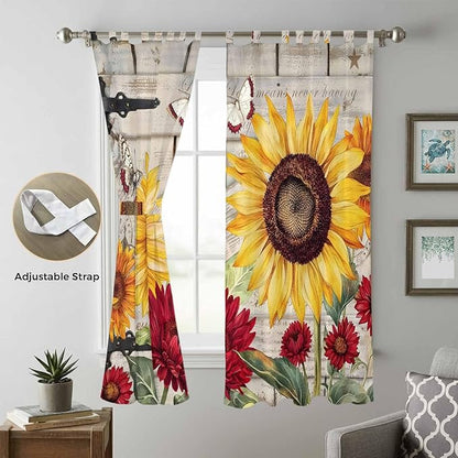 Red Yellow Sunflowers Living Room Curtains 96 Inch Length, Window Curtains Tab Top, Retro Rustic Barn Doors Butterfly Brown Light Filtering Window Treatments Drapes 52"x96" 2 Panel