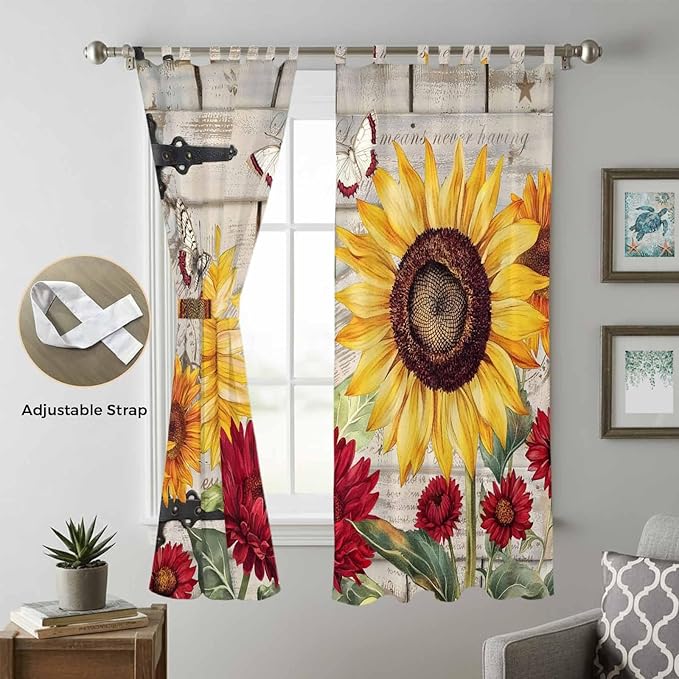Red Yellow Sunflowers Living Room Curtains 84 Inch Length, Window Curtains Tab Top, Retro Rustic Barn Doors Butterfly Brown Light Filtering Window Treatments Drapes 52"x84" 2 Panel