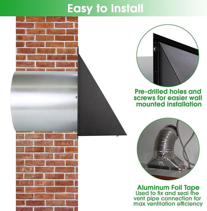 6 Inch Hooded Wall Vent with Screen and Damper,6 Inch Wall Exhaust Vent Cover Dryer Ventilation Cap Exterior for Kitchen Range Hood Air Exhaust,External Extractor w/Non Return Flap,Galvanized Steel