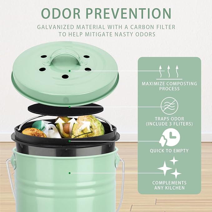Vipush Compost Bin Kitchen Countertop Composter with lid – Small Compost ContainerI Includes Inner Compost Bucket Liner & Charcoal Filter, Green