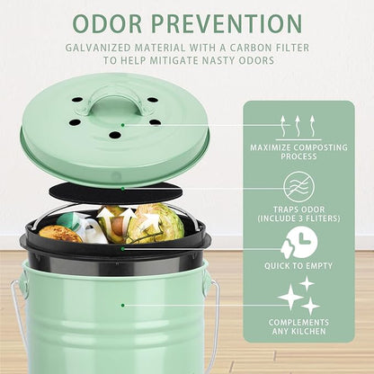 Vipush Compost Bin Kitchen Countertop Composter with lid – Small Compost ContainerI Includes Inner Compost Bucket Liner & Charcoal Filter, Green