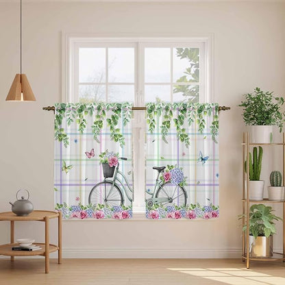 Spring Kitchen Curtains, Bicycles Botanical Leaves Rose Colorful Stripes Light Filtering Window Curtain Panels, 2Pcs Rod Pocket Window Treatments Set for Study Room Bathroom Bedroom 52x54 Inches