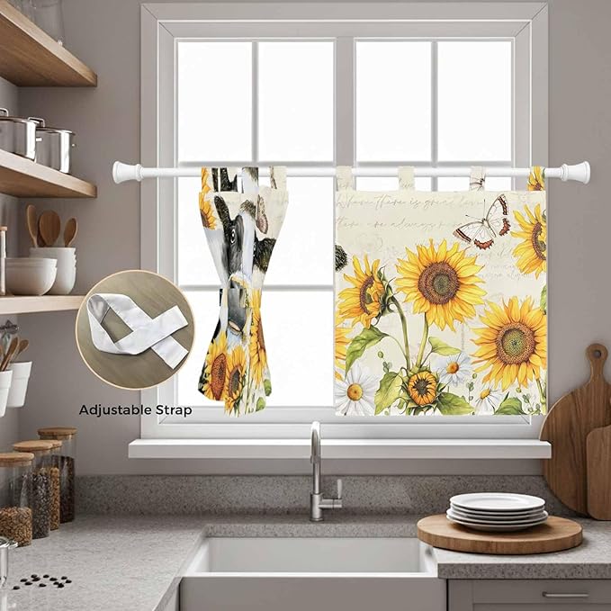 Yellow Sunflowers Kitchen Curtains 36 Inch Length, Small Window Curtains Tab Top, Country Cow Flower Butterfly Farmhouse Cream Light Filtering Short Window Treatments Tier Drapes 27.5"x36" 2 Panel