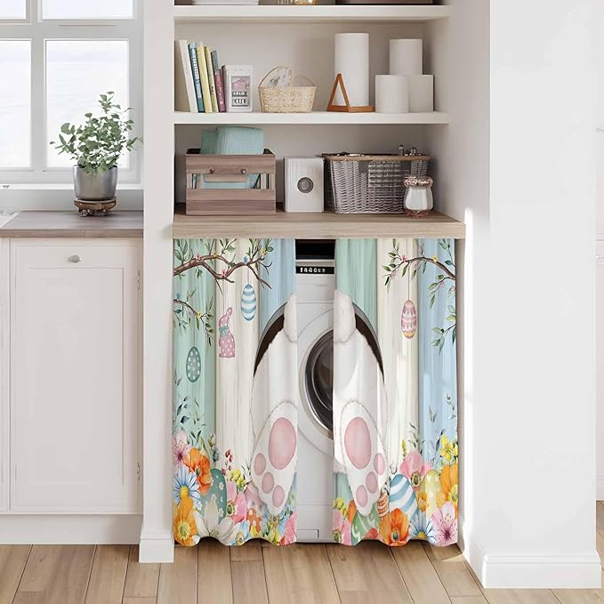 Easter Kitchen Curtains 45 Inch Long 2 Panel Set,Rod Pocket Window Treatment,Spring Watercolor Bunny Eggs Wood Grain Teal Blue Light Filtering Short Curtains & Drapes for Bathroom Laundry 52"W x 45"L