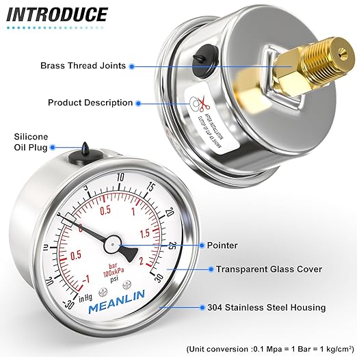 MEANLIN MEASURE -30inHG~30Psi Vacuum Gauge Stainless Steel 1/4" NPT 2" FACE DIAL Waterproof for Air Compressor HVAC Negative Pressure Hand Pump Pool Back Mount with 1/2" NPT and 3/8" NPT Hex Bushing