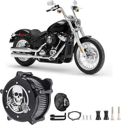 Motorcycle Air Filter Skull Style Air Cleaner with Filter Sock Dustproof Protective Cover Kit for Harley Touring 2000-07 Softail 2000-15 Dyna 2000-17, Excludes 2017 FXDLS (Black)