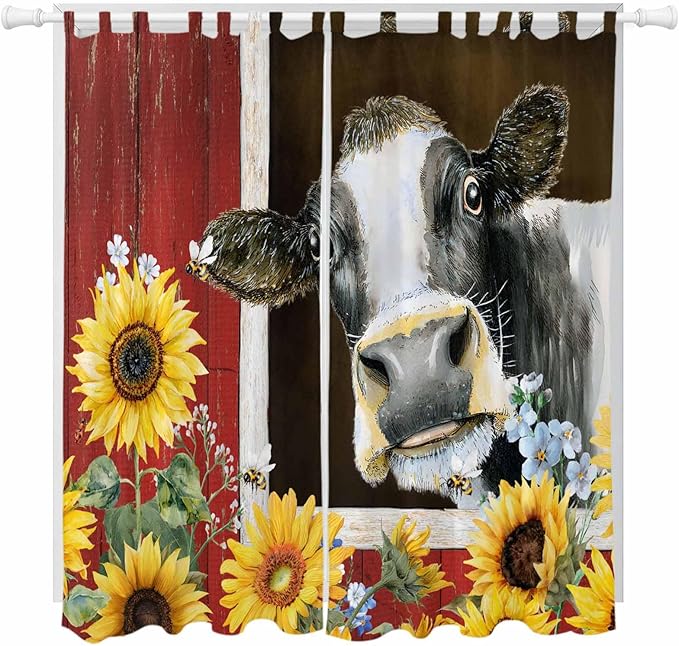 Cows Sunflowers Living Room Curtains 84 Inch Length, Window Curtains Tab Top, Rustic Farms Barns Flowers Bees Animals Light Filtering Window Treatments Drapes 52"x84" 2 Panel