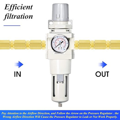 TAILONZ PNEUMATIC 3/4 Inch NPT Manual Drainage Air Filter Pressure Regulator Combo Piggyback, Air Tool Compressor Filter with Gauge AW4000-06