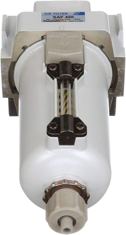 PneumaticPlus SAF400-N04B-MEP Compressed Air Particulate Filter 1/2" NPT, 10 Micron - Metal Bowl w/Manual Drain, Bracket