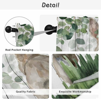 Easter Kitchen Curtains, Country Rabbit Botanical Leaves Wooden Grain Light Filtering Window Curtain Panels, 2Pcs Rod Pocket Window Treatments Set for Study Room Bathroom Bedroom 52x54 Inches