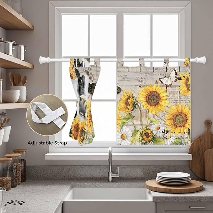Yellow Sunflowers Kitchen Curtains 36 Inch Length, Small Window Curtains Tab Top, Farmhouse Cow Barn Doors Floral Butterfly Light Filtering Short Window Treatments Tier Drapes 27.5"x36" 2 Panel