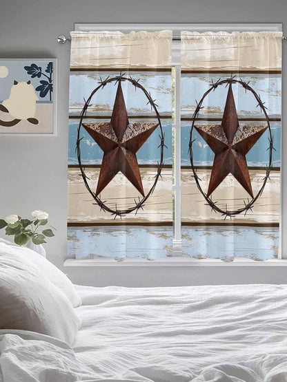 Vintage Western Star on Wood Grain Window Valance Curtains, Retro Wooden Texture Light Filtering Kitchen Valance with 3-inch Rod Pocket for Living Room Bathroom Bedroom,2 Panel,52x72In