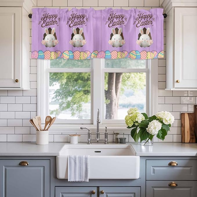 Purple Easter Curtain Valances for Windows, Kitchen Valance Window Treatment, Spring Cartoon Bunny Colorful Eggs Wood Grain Light Filtering Block Curtains for Bathroom/Bedroom/Living Room 60'' x 18''