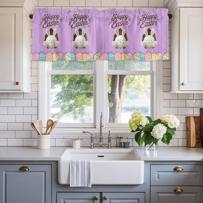 Purple Easter Curtain Valances for Windows, Kitchen Valance Window Treatment, Spring Cartoon Bunny Colorful Eggs Wood Grain Light Filtering Block Curtains for Bathroom/Bedroom/Living Room 60'' x 18''
