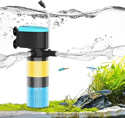 Aquarium Filter 3-Stage in-Tank Filter, Small Internal Fish Tank Filter, Submersible Pumps Filter for 5-20 Gallon Tanks, Turtle Tank Filter, with Dual Water Outlet & Aeration