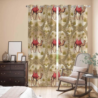 2 Panel Kitchen Cafe Curtains, Desert Camels Sunlight Filtering Nature Air Through, Home Decor Window Covering Tier Curtains for Living Room 104W x 96L inch Tropical Palm Trees Sand Cords Brown