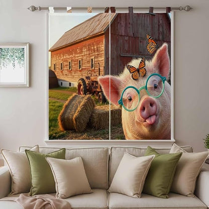 Farm Pig Living Room Curtains 84 Inch Length, Window Curtains Tab Top, Farmhouse Barn Funny Animals Butterfly Light Filtering Window Treatments Drapes 42"x84" 2 Panel