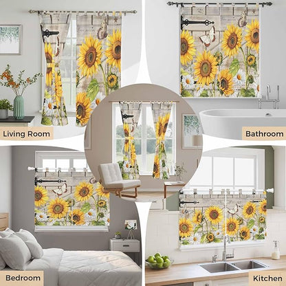 Farm Flowers Living Room Curtains 84 Inch Length, Window Curtains Tab Top, Retro Sunflowers Barn Doors Butterfly Wood Board Light Filtering Window Treatments Drapes 52"x84" 2 Panel