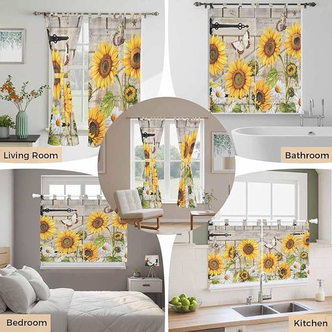 Farm Flowers Living Room Curtains 96 Inch Length, Window Curtains Tab Top, Retro Sunflowers Barn Doors Butterfly Wood Board Light Filtering Window Treatments Drapes 52"x96" 2 Panel