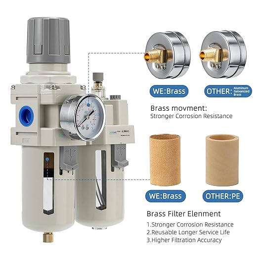 3/8" NPT Compressed Air Filter Regulator Lubricator Combination,Water/Oil Trap Separator (0-150 PSI), Oil Water Separator,Semi-Automatic Drain, Suitable for Pneumatic Systems