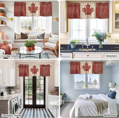 Canada Curtain Valances for Windows, Kitchen Valance Window Treatment, Red Maple Leaf Flag Vintage Farmhouse Wooden Grain Light Filtering Block Curtains for Bathroom/Bedroom/Living Room 42'' x 18''