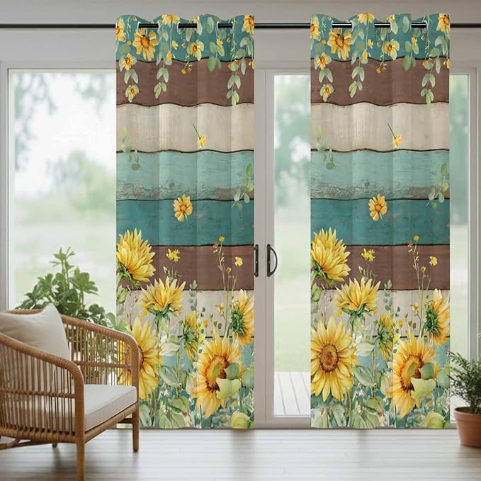 Sunflowers Outdoor Curtains for Patio Summer Floral Eucalyptus Leaves Vintage Wood Waterproof Outside Curtains with Grommet Top Weatherproof Curtain for Cabana Pergola Gazebo, 2 Pack, 54" W x 108" L