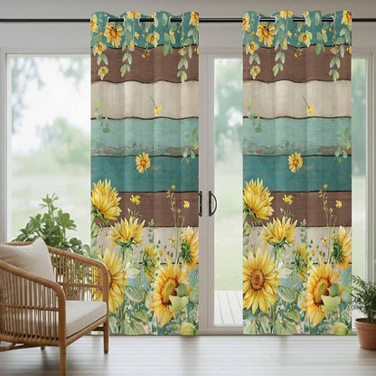 Sunflowers Outdoor Curtains for Patio Summer Floral Eucalyptus Leaves Vintage Wood Waterproof Outside Curtains with Grommet Top Weatherproof Curtain for Cabana Pergola Gazebo, 2 Pack, 54" W x 108" L