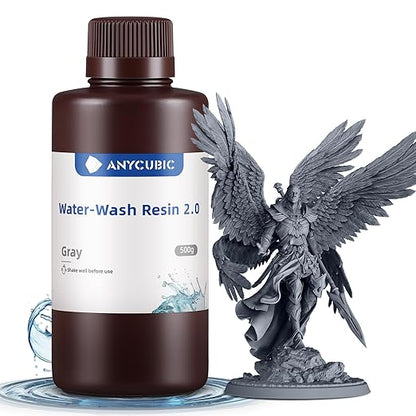 ANYCUBIC Water Washable 3D Printer Resin 2.0, 405nm High Precision 3D Resin, Low Shrinkage Photopolymer Resin for 4K/8K/12K Capable LCD DLP Resin 3D Printer Printing (Grey, 500g)