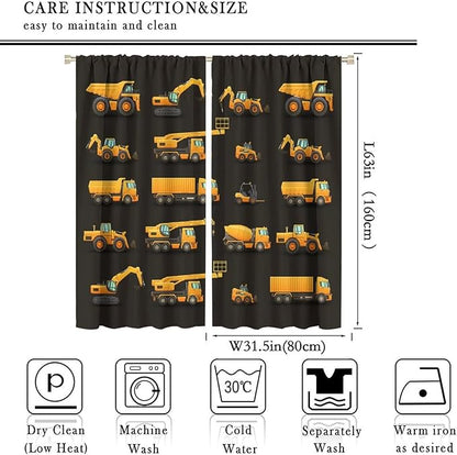 Kids Construction Window Curtains, Construction Machinery Equipment Mode of Transport Bulldozer Tractor Windows Curtain for Children Teens Room Decor 63x63in (30% Blackout)