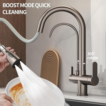 Kitchen Sink Faucet with Pull - Down Sprayer, 2 - Handle 3 - in - 1 Kitchen Sink Filter Faucet, Cold and Hot Mixer Drinking Water Faucet (3-in-1 Filter Faucet, Grey)
