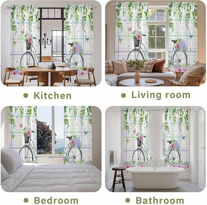 Spring Kitchen Curtains, Bicycles Botanical Leaves Rose Colorful Stripes Light Filtering Window Curtain Panels, 2Pcs Rod Pocket Window Treatments Set for Living Room Bathroom Bedroom 52x72 Inches