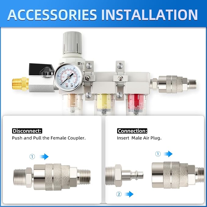 1/4" NPT 3 Stage Air Drying System,Coalescing Filter, Particulate Filter and Air Regulator, Manual Drain for Air Tools and Spray Paint Gun