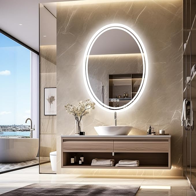 LUVODI Lighted LED Bathroom Mirror: 28”x20” Oval Anti-Fog Dimmable Wall Mounted Makeup Mirror with Backlit - Modern Vanity Mirrors with Demister Pad Smart Touch Switch Sensor Memory Function