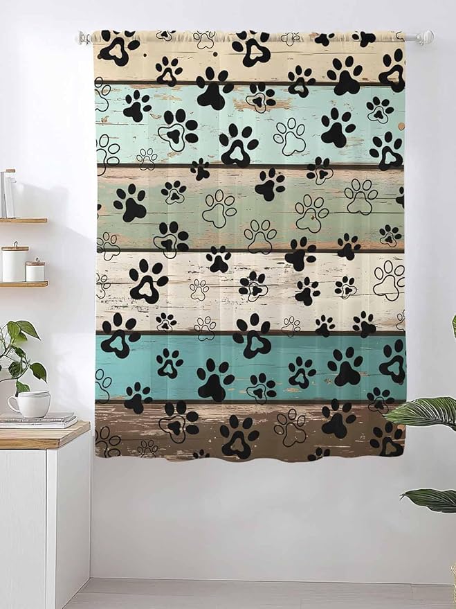 Sheer Curtains 72 Inches Long, Sage Green Brown Paw Prints Semi Sheer Curtains Light Filtering Window Treatment, Vintage Farmhouse Wooden Grain Privacy Voile Drapes for Living Room Bedroom 52x72 Inch