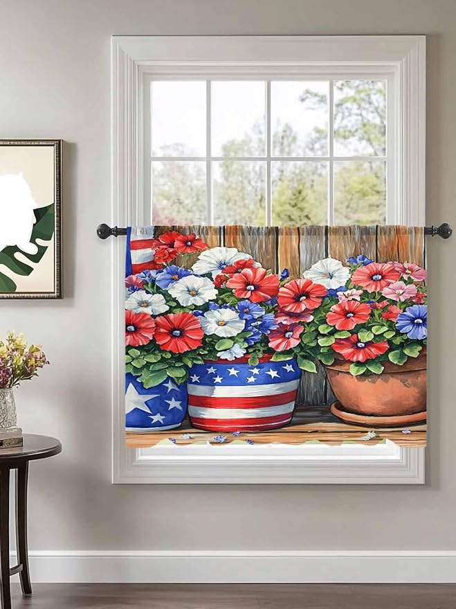 Sheer Curtains 54 Inch Length, Red Blue Flower Semi Sheer Curtains Light Filtering Window Treatment, Retro Independence Day Flag Wood Grain Privacy Voile Drapes for Living Room Bedroom 52x54 Inch