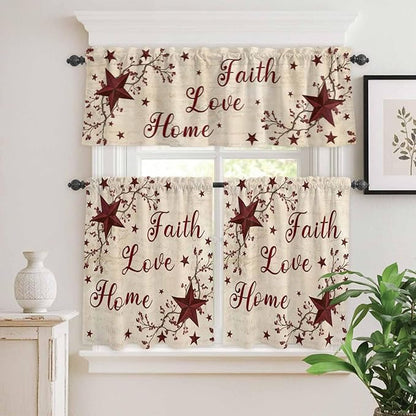 Kitchen Curtains Tiers and Valance Set of 3, Vintage Country Light Filtering Window Curtain Set, Vintage Rustic Texas Stars Plants Branch Rod Pocket Curtain Drapes for Living Room, 36 Inches Tiers