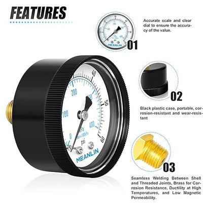MEANLIN MEASURE 1/4" NPT 0-60Psi Swimming Pool Water Pressure Gauge 2" FACE DIAL, Center Back Mount, with 1/2" NPT and 3/8" NPT Hex Bushing