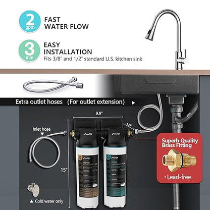 Frizzlife DW10 Under Sink Water Filter System, NSF/ANSI 53&42 Certified Elements, Reduces 99.99% Lead, Chlorine, Fluoride, Bad Taste & Odor, Direct Connect 2-Stage Water Filter, 0.5 Micron, USA Tech