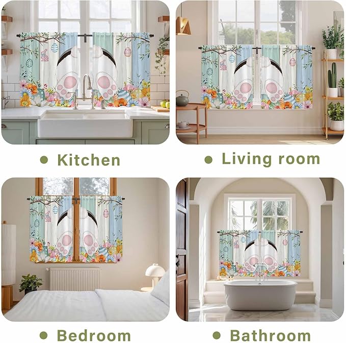 Easter Kitchen Curtains 54 Inch Long 2 Panel Set,Rod Pocket Window Curtains Panels,Spring Watercolor Bunny Eggs Wood Grain Teal Blue Light Filtering Drapery Draperies for Bathroom Bedroom 52"W x 54"L