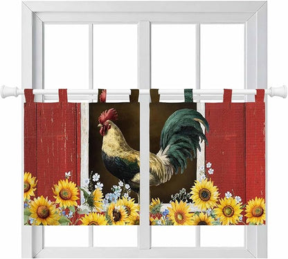 Chicken Sunflowers Kitchen Curtains 24 Inch Length, Small Window Curtains Tab Top, Farmhouse Animals Red Barn Bees Light Filtering Short Window Treatments Tier Drapes 27.5"x24" 2 Panel