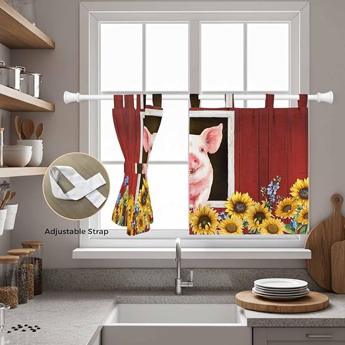 Pigs Sunflowers Kitchen Curtains 36 Inch Length, Small Window Curtains Tab Top, Farmhouse Red Barn Flowers Animals Light Filtering Short Window Treatments Tier Drapes 27.5"x36" 2 Panel
