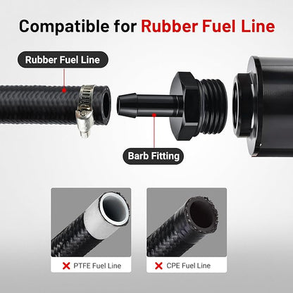 EVIL ENERGY Inline Fuel Filter 10 Micron with Barb 1/2", 3/8", 5/16" Fitting Adapter 50MM Universal Aluminum Black, for Gasoline, Diesel, Rubber Fuel Line, Car EFI & Carb Fuel Systems